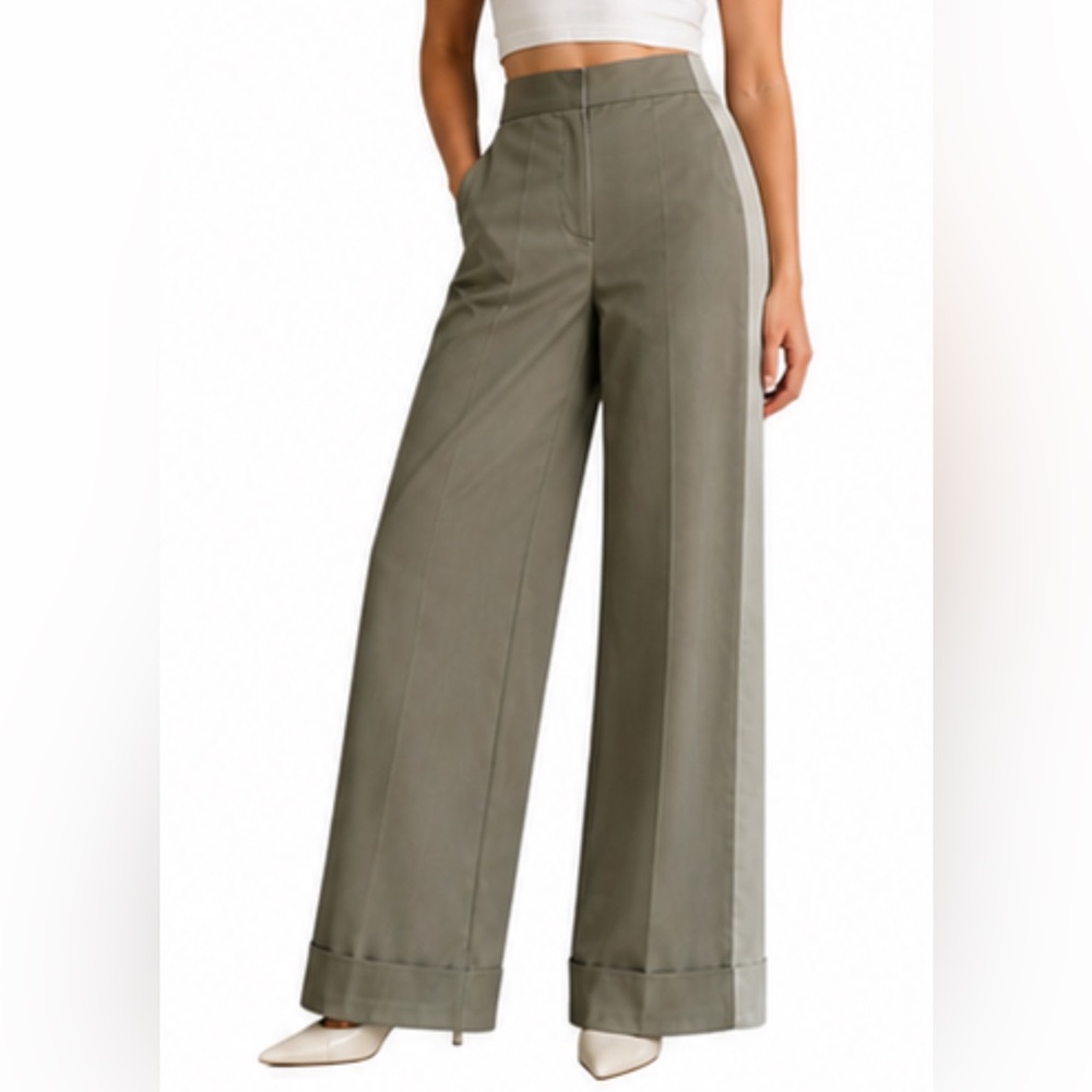 WE-AR4 M Pinstripe Contrast Panel Tuxedo Trousers High Waist Wide Leg Pants NEW